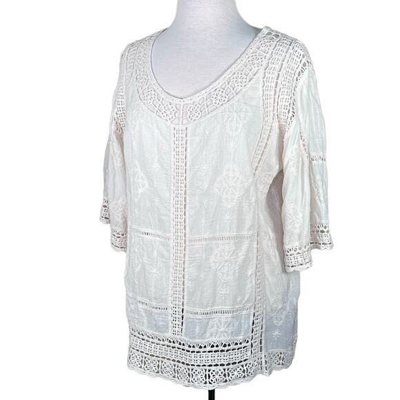 Democracy Women’s Ivory Gauzy Cotton Crochet Trim 3/4 Sleeve Boho Top Medium EUC - Picture 13 of 13